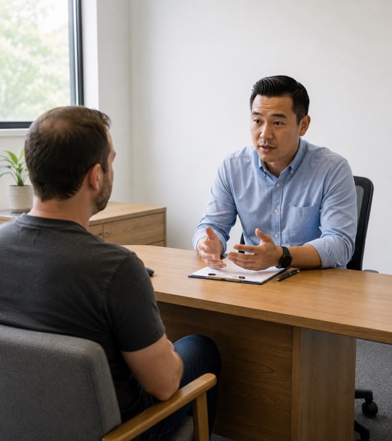 Substance use counselor meeting with a client during IC&RC ADC exam review training for CASAC exam prep and addiction counselor certification.